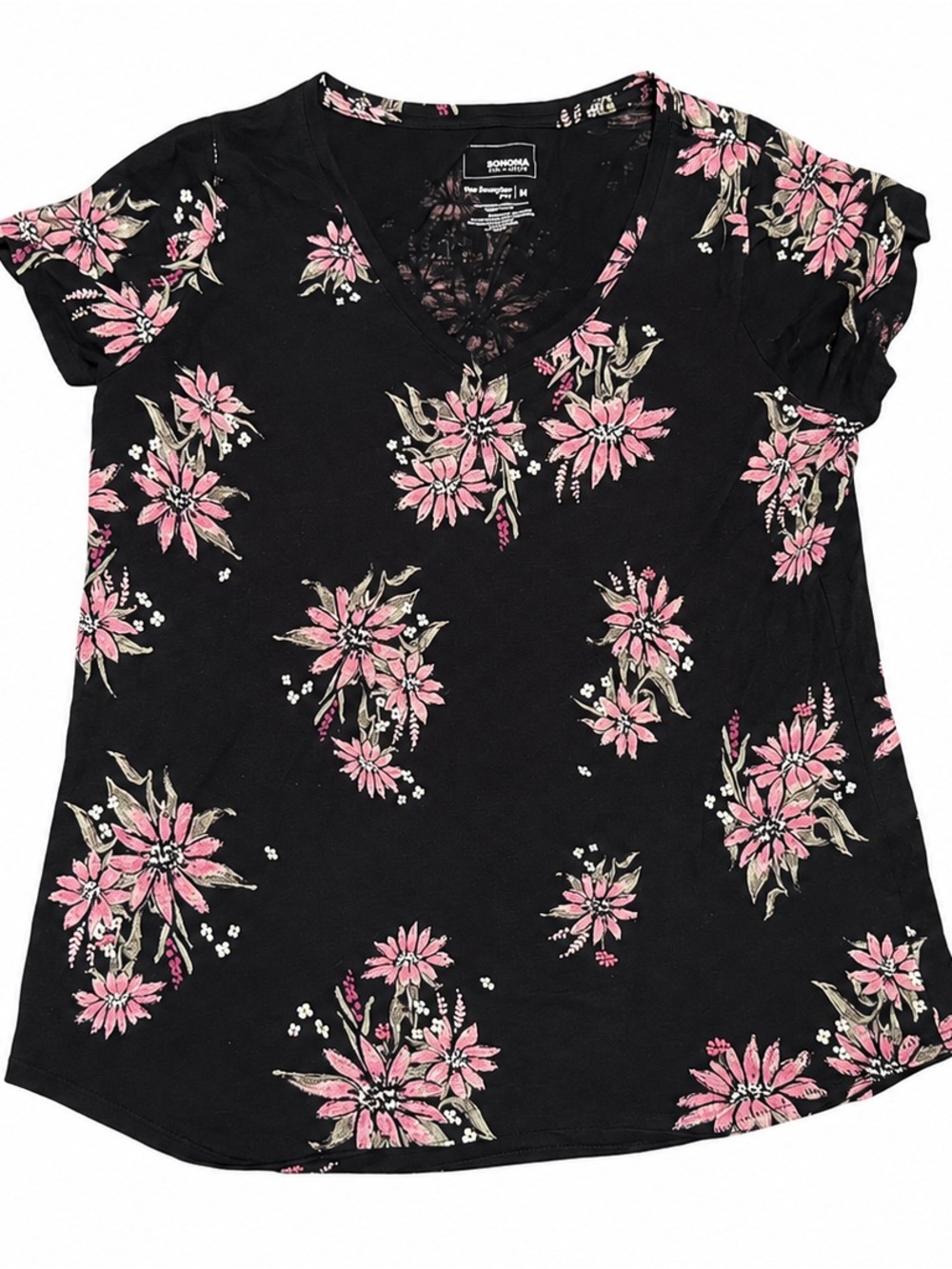 Sonoma Goods for Life Black Pink Floral V-Neck Everyday Tee M